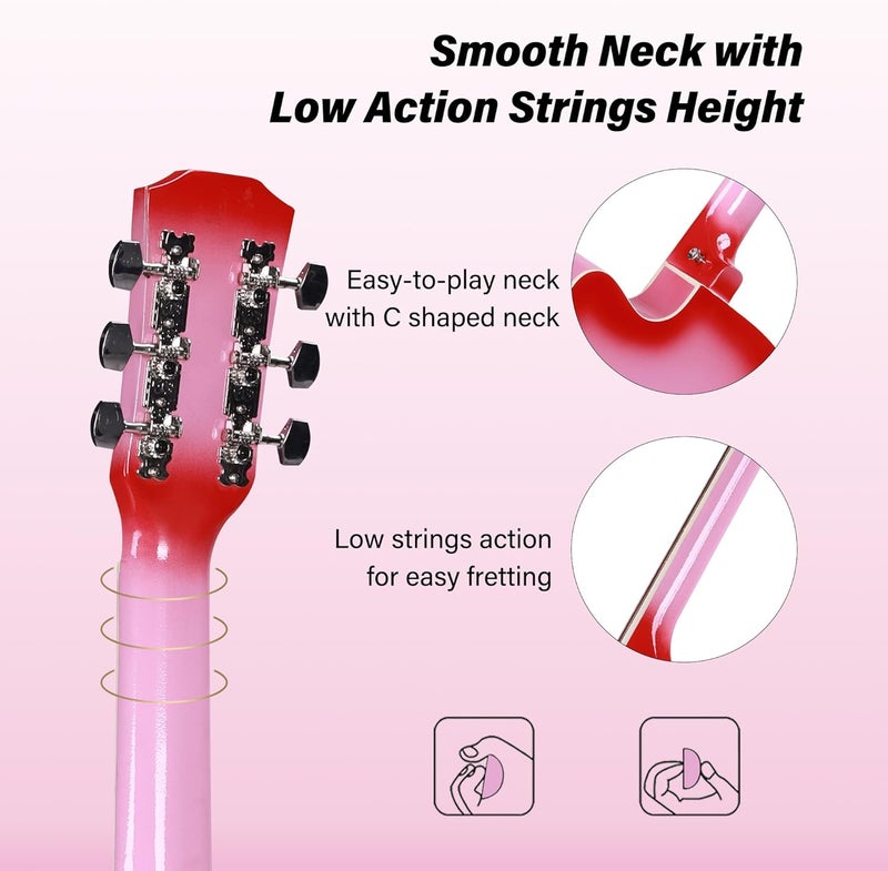 ADM 38" Inch Acoustic Guitar Bundle for Beginners Adults with Online Lesson, Cutaway Wood Acustica Guitarra Starter Set Package with Gig Bag, Strap, Steel Strings, Picks, Capos, Stand, Pink - Image 4